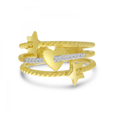 14K Yellow Gold Diamond Heart and Star Triple Band Fashion Ring