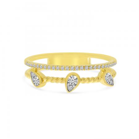 14K Yellow Gold Round and Pear Shape Diamond Double Twist Ring Band