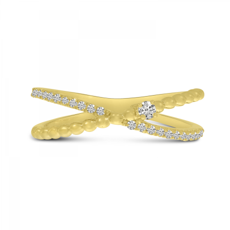 14K Yellow Gold Diamond Beaded Crossover Band Ring