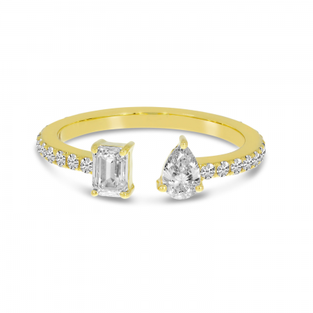 14K Yellow Gold Emerald Cut and Pear Diamond Duo Ring
