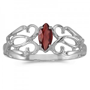 14k White Gold Marquise Garnet Filagree Ring