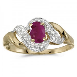 10k Yellow Gold Oval Ruby And Diamond Swirl Ring