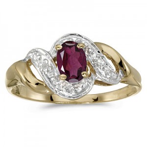 10k Yellow Gold Oval Rhodolite Garnet And Diamond Swirl Ring