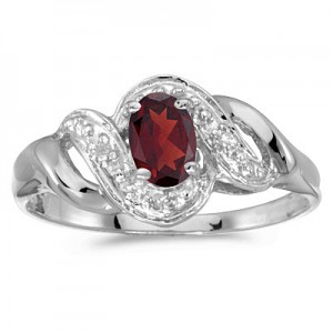 14k White Gold Oval Garnet And Diamond Swirl Ring