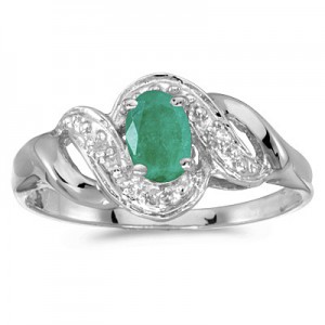 14k White Gold Oval Emerald And Diamond Swirl Ring