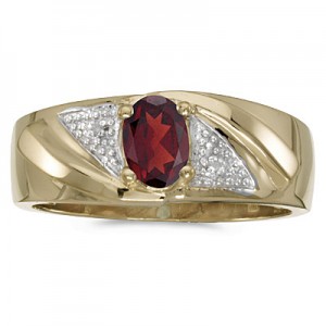 10k Yellow Gold Oval Garnet And Diamond Gents Ring