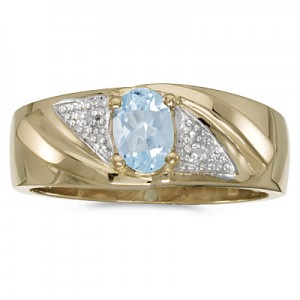 10k Yellow Gold Oval Aquamarine And Diamond Gents Ring