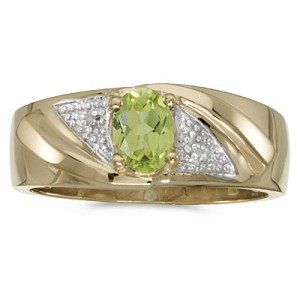 10k Yellow Gold Oval Peridot And Diamond Gents Ring