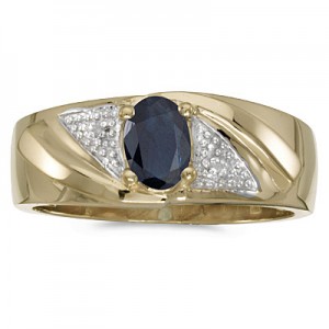 10k Yellow Gold Oval Sapphire And Diamond Gents Ring