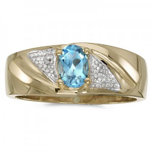 10k Yellow Gold Oval Blue Topaz And Diamond Gents Ring