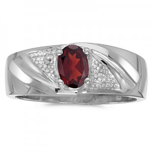 14k White Gold Oval Garnet And Diamond Gents Ring