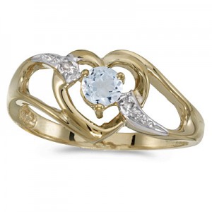 10k Yellow Gold Round Aquamarine And Diamond Heart Ring
