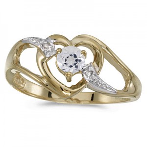 10k Yellow Gold Round White Topaz And Diamond Heart Ring