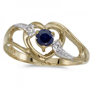 10k Yellow Gold Round Sapphire And Diamond Heart Ring