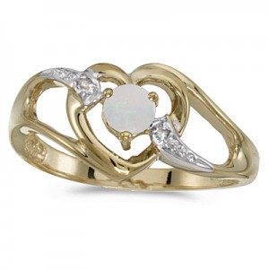 10k Yellow Gold Round Opal And Diamond Heart Ring