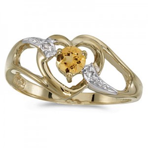 10k Yellow Gold Round Citrine And Diamond Heart Ring