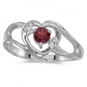 10k White Gold Round Garnet And Diamond Heart Ring