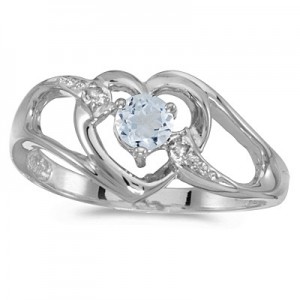10k White Gold Round Aquamarine And Diamond Heart Ring