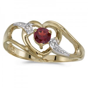 14k Yellow Gold Round Garnet And Diamond Heart Ring