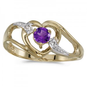 14k Yellow Gold Round Amethyst And Diamond Heart Ring