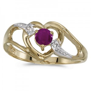 14k Yellow Gold Round Ruby And Diamond Heart Ring