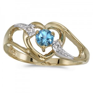 14k Yellow Gold Round Blue Topaz And Diamond Heart Ring