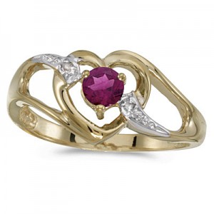 14k Yellow Gold Round Rhodolite Garnet And Diamond Heart Ring