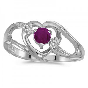 14k White Gold Round Ruby And Diamond Heart Ring