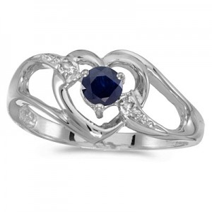 14k White Gold Round Sapphire And Diamond Heart Ring