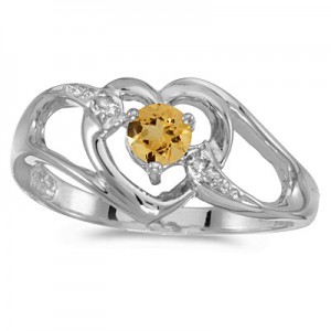 14k White Gold Round Citrine And Diamond Heart Ring