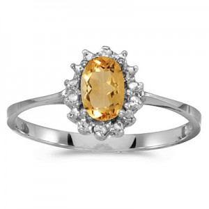 14k White Gold Oval Citrine And Diamond Ring