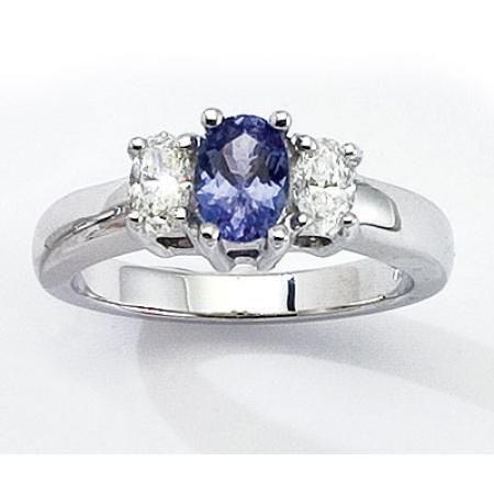 14K Yellow Gold Three Stone 7x5 Oval Tanzanite and .50 Ct Diamond Ring