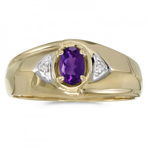 10k Yellow Gold Oval Amethyst And Diamond Gents Ring