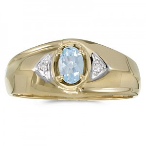 10k Yellow Gold Oval Aquamarine And Diamond Gents Ring