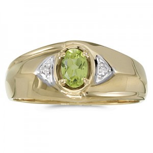 10k Yellow Gold Oval Peridot And Diamond Gents Ring