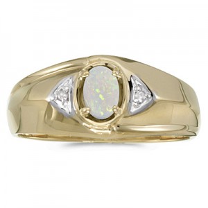 10k Yellow Gold Oval Opal And Diamond Gents Ring