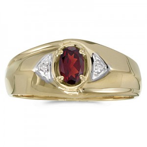 14k Yellow Gold Oval Garnet And Diamond Gents Ring