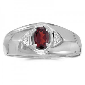 14k White Gold Oval Garnet And Diamond Gents Ring