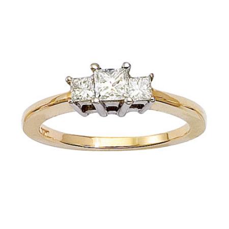 14K Yellow Gold Three Stone .50 Ct Princess Diamond Ring