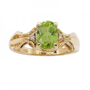 14K Yellow Gold 8x6 Oval Peridot and Diamond Ring