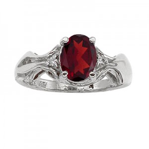 14K White Gold 8x6 Oval Garnet and Diamond Ring