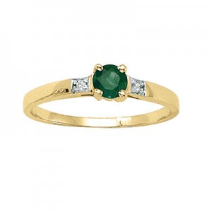 14K Yellow Gold Round Emerald and Diamond Ring