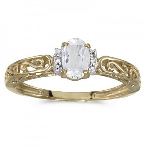 10k Yellow Gold Oval White Topaz And Diamond Ring