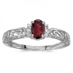 10k White Gold Oval Garnet And Diamond Ring