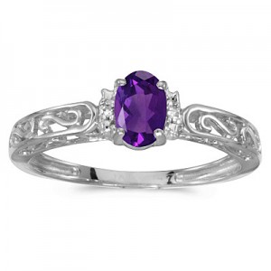 10k White Gold Oval Amethyst And Diamond Ring