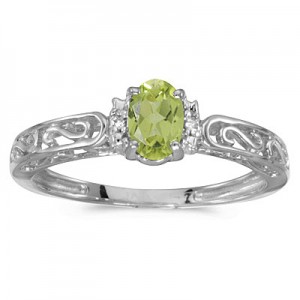 10k White Gold Oval Peridot And Diamond Ring