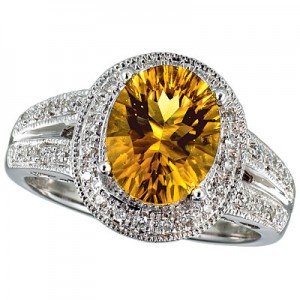14K White Gold 10x8 Oval Citrine and Diamond Ring