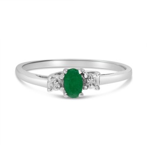 14K White Gold Oval Emerald and diamond accent birthstone ring