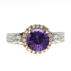 14K Two Tone White and Yellow Gold 8mm Round Concave Amethyst and .55 Ct Diamond