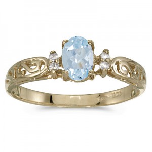 14k Yellow Gold Oval Aquamarine And Diamond Filagree Ring